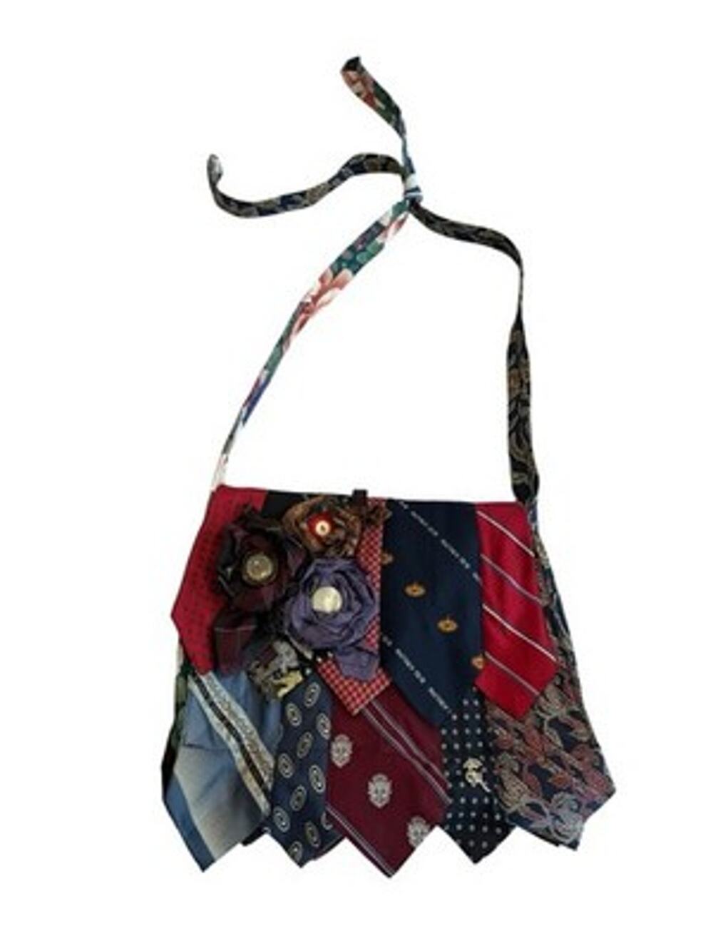Y2K OOAK Boho Upcycled Neck Tie Crossbody Purse Handmade Flower Accent Vintage